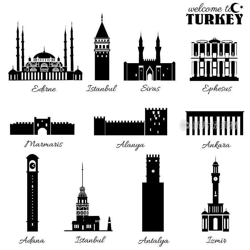 Selimiye清真寺，Sahibiye Medreses，大钟塔在阿达纳，图书馆的Celsus Ephesus，少女塔，伊斯坦布尔的加拉塔，红塔的Alanya, Fort Marmaris，钟塔，安塔利亚，伊兹密尔，阿尼特卡比尔
